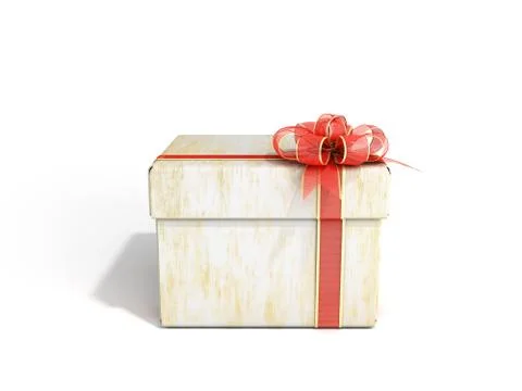 White close Square new year Gift Box with Red Ribbon and Bow 3d render on whi Stock Illustration