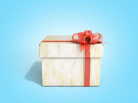 White close Square new year Gift Box with Red Ribbon and Bow 3d render on blu Stock Illustration