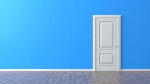 White closed door on blue background. Frame on pink Wall in the Empty Room. I Stock Illustration
