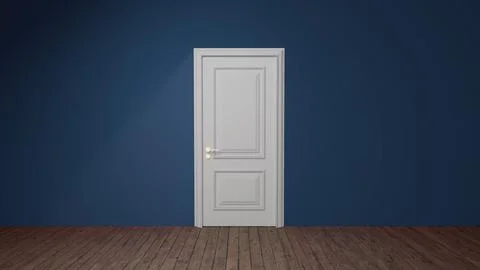 White closed door on blue wall in empty room with wooden floor Ilustración de archivo
