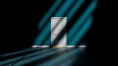 White closed door in dark room with light beams passing through blinds Ilustración de archivo