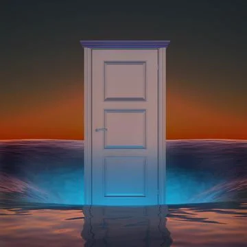 White closed door in the ocean evening view Stock Illustration