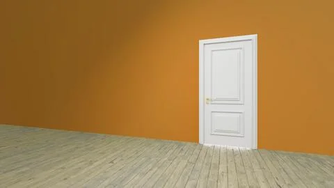 White closed door on orange wall in empty room with wooden floor Stock-Illustration