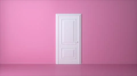 White closed door on pink background. Frame on pink Wall in the Empty Room. I Stock Illustration