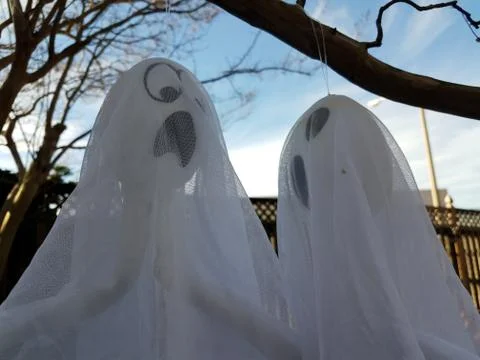 White cloth ghosts hanging from tree branch Stock Photos
