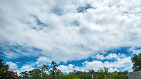 White Cloud and Blue Sky Timelapse above Flagpole and House Stock Footage 283559555