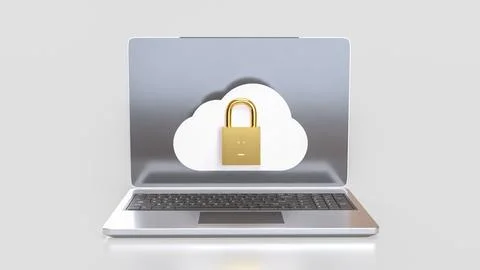 The White cloud and Gold lock for Technology Security concept 3d Rendering. Stock Illustration