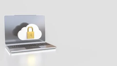 The White cloud and Gold lock for Technology Security concept 3d Rendering. Stock Illustration