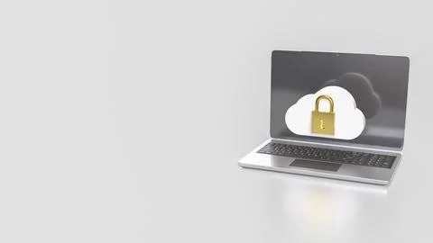 The White cloud and Gold lock for Technology Security concept 3d Rendering. Stock Illustration