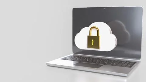 The White cloud and Gold lock for Technology Security concept 3d Rendering. Stock Photos