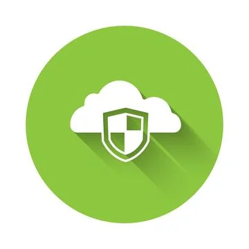 White Cloud and shield icon isolated with long shadow background. Cloud sto.. Illustrazione stock