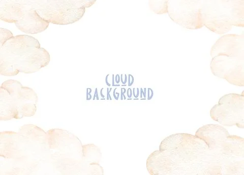 White cloud background. Hand drawn watercolor white cloud on horisontal frame Stock Illustration