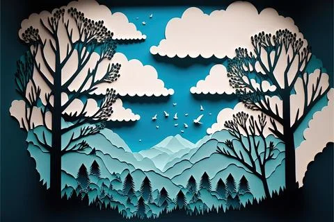 White cloud with blue sky, tree on ground, mountain background, Made by AI,.. Illustrazione stock