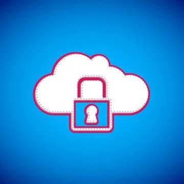 White Cloud computing lock icon isolated on blue background. Security, safety Stock Illustration