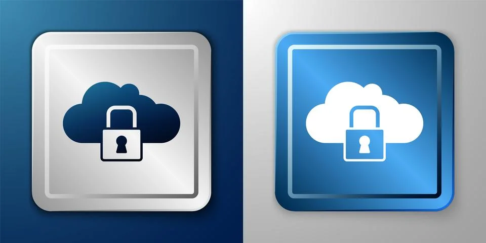 White Cloud computing lock icon isolated on blue and grey background. Security 스톡 일러스트