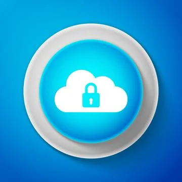 White Cloud computing lock icon isolated on blue background. Cloud protection Stock Illustration