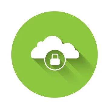 White Cloud computing lock icon isolated with long shadow background. Secur.. Illustrazione stock