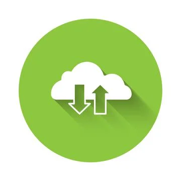White Cloud download and upload icon isolated with long shadow background. Gr Illustrazione stock