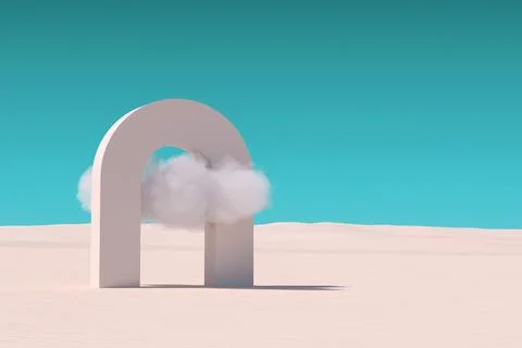 White Cloud Fly Throuch Simple Arc in Desert. 3d Rendering Stock Illustration