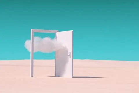 White Cloud Fly Throuch White Opened Door in Desert. 3d Rendering Stock Illustration