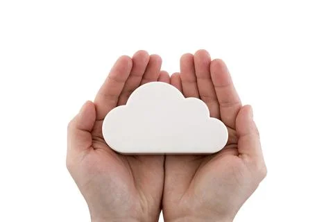 White cloud in hands isolated on white background with clipping path Foto stock
