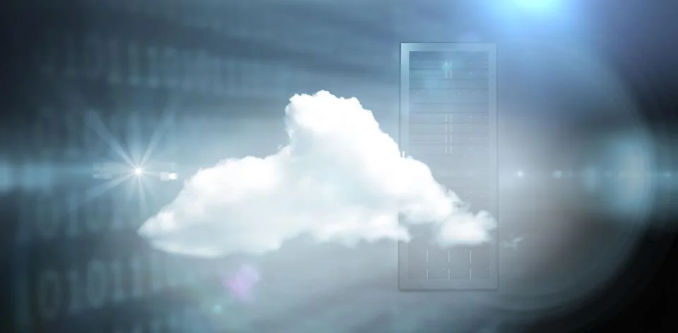 White cloud is hovering in digital concept with translucent server rack, binary Stockillustratie