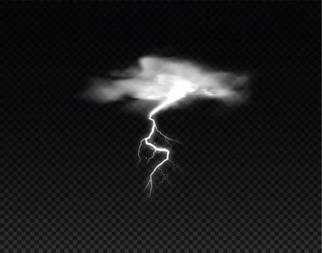 White cloud with lightning strikes thundercloud, vector realistic storm cloud Stock Illustration