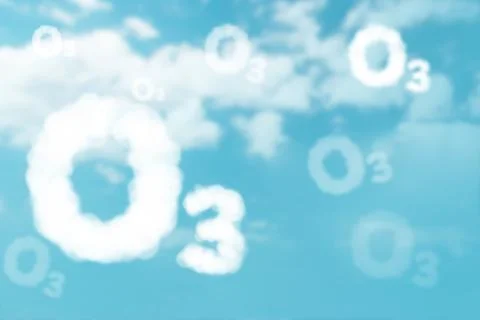 White cloud in O3 text on blue sky background for World Ozone Day Stock Photos