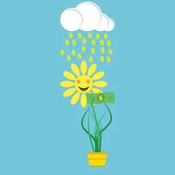 A white cloud pours money on a flower that holds a paper dollar.  Stock Illustration