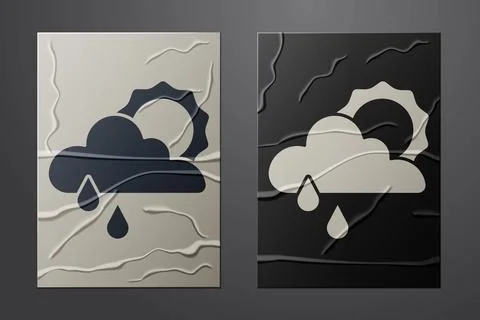White Cloud with rain and sun icon isolated on crumpled paper background. Rain Stock Illustration