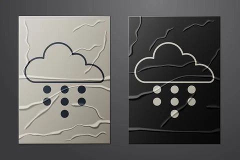 White Cloud with rain icon isolated on crumpled paper background. Rain cloud Stock Illustration