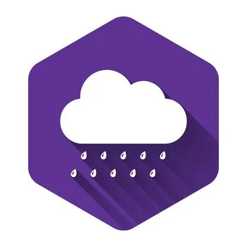 White Cloud with rain icon isolated with long shadow. Rain nimbus cloud Illustrazione stock