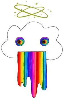 A white cloud with a rainbow from its mouth and stars on a white background Stock Illustration