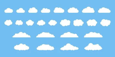White cloud shape on blue sky set, weather icon. Simple flat style of different Stock Illustration