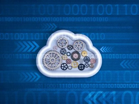 White cloud shape filled with gears on binary code background symbolizes cl.. Stock Photos