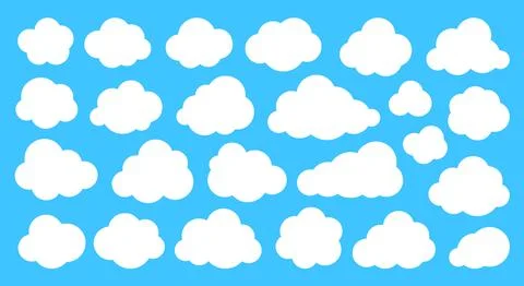 White cloud shapes on blue sky flat cartoon set Stock Illustration