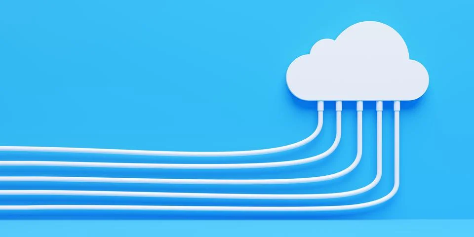 White cloud symbol with white cables connecting to it on blue wall and floo.. Stock Illustration