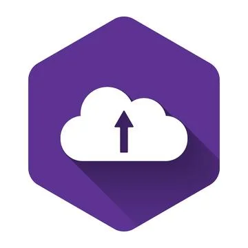 White Cloud upload icon isolated with long shadow. Purple hexagon button. Vector Illustrazione stock
