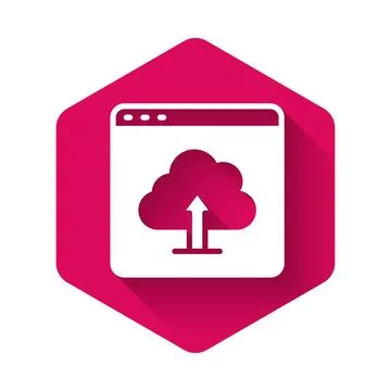 White Cloud upload icon isolated with long shadow background. Pink hexagon .. 스톡 일러스트
