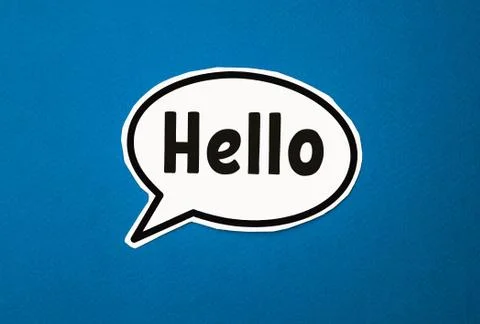 White cloud with the words Hello on a blue background Stock Photos