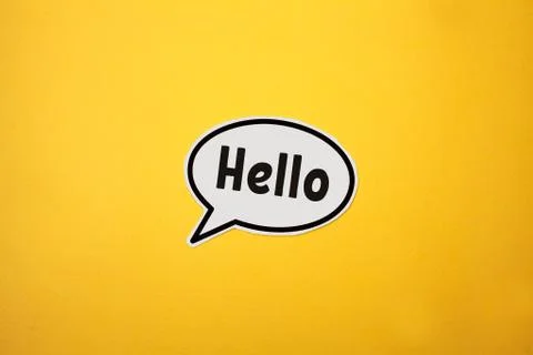 White cloud with the words Hello on a yellow background Stock Photos