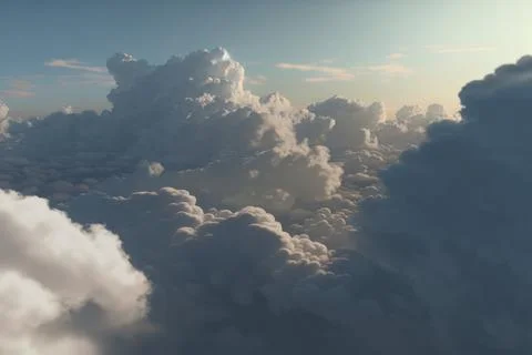 White clouds and blue sky from airplane window view. Cloudscape background. Stock Illustration