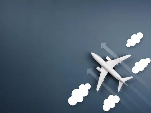 White clouds and heading arrows moving beside the white plane model on blue b Foto stock
