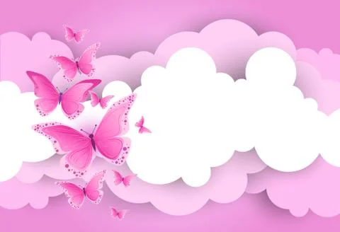 White Clouds And Pink Sky Template Background With Butterfly Illustrazione stock