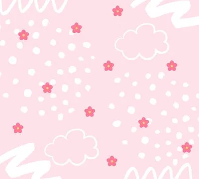 White clouds and red flowers on a pink background Stock Illustration
