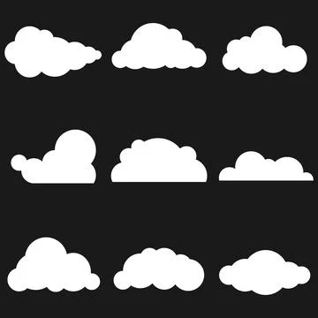 White clouds on a black background. Set of white clouds. Ilustración de archivo