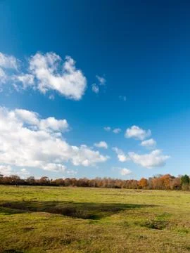 White clouds blue open sky space green grass land farm Stock Photos