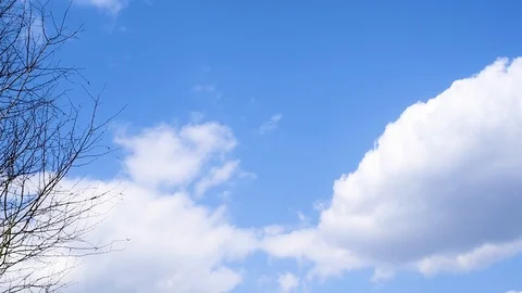 White clouds on a blue sky against trees and mountains in early spring Stock Footage 111144934