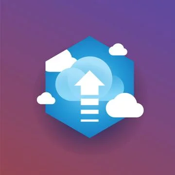 White clouds on blue sky and arrow pointing upwards illustration badge. Stock Illustration