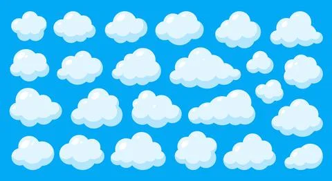 White clouds bubble on blue sky flat cartoon set Stock Illustration